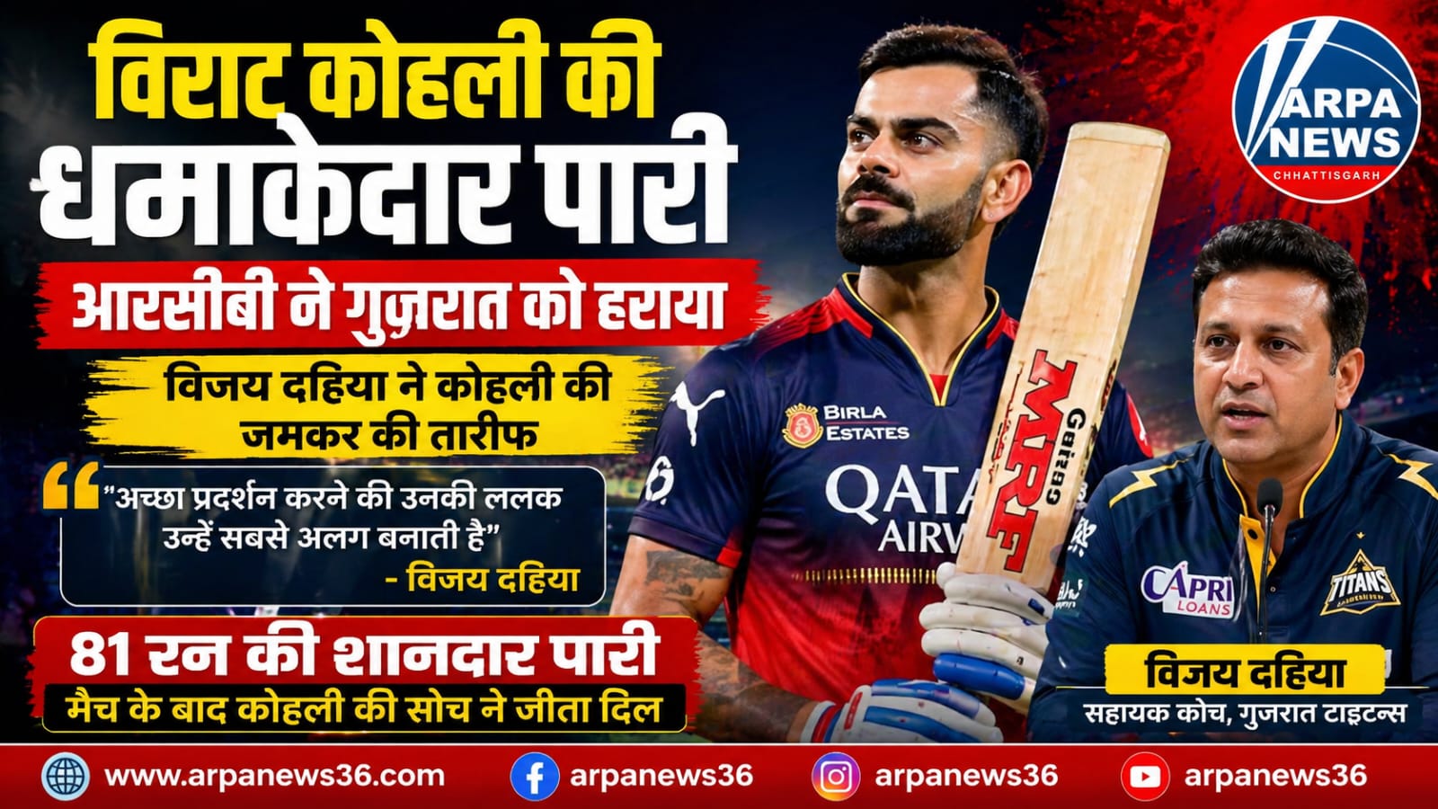 विराट कोहली की पारी पर दहिया बोले, लगन ही बनाती खास