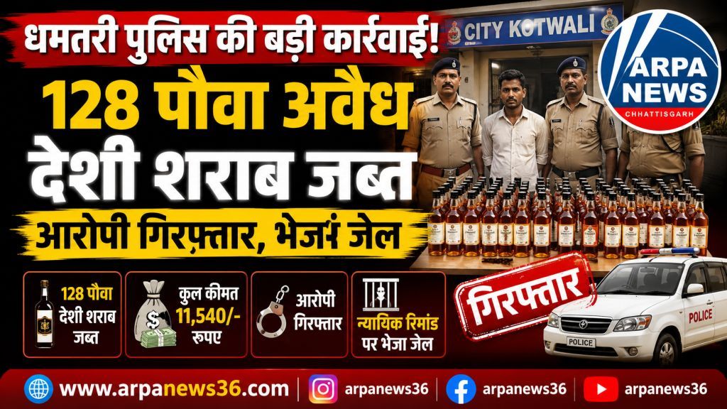 धमतरी में अवैध शराब पर बड़ी कार्रवाई, 128 पौवा संग आरोपी गिरफ्तार