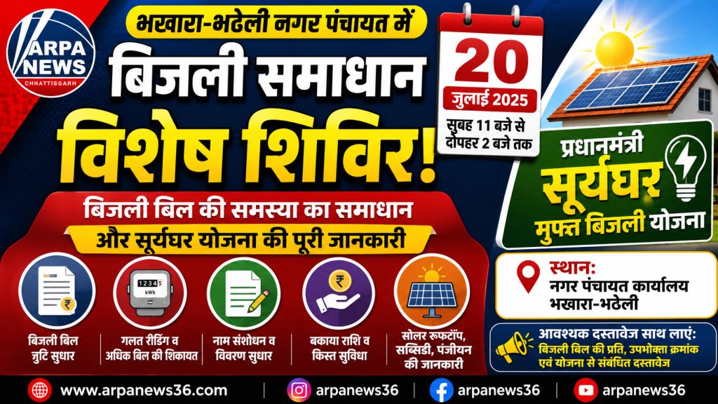 20 जुलाई को लगेगा बिजली समाधान शिविर, सूर्यघर योजना की मिलेगी पूरी जानकारी