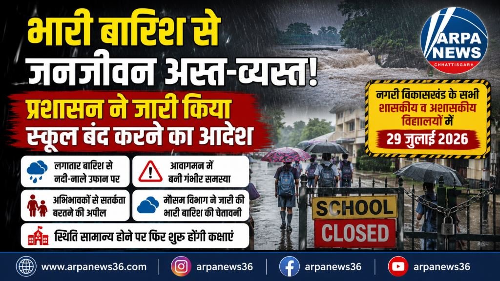 भारी बारिश के बीच नगरी विकासखंड के सभी स्कूलों में घोषित हुआ अवकाश